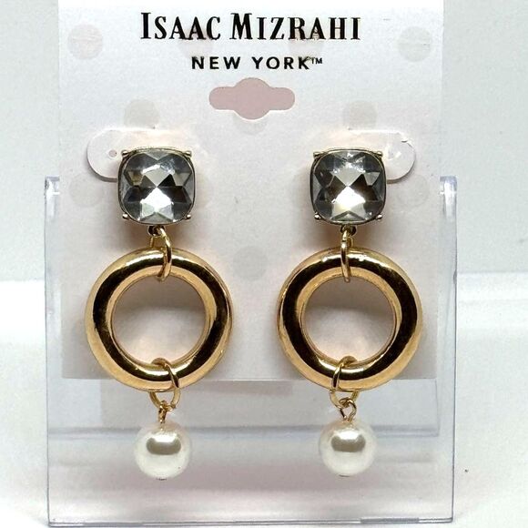 ISAAC MIZRAHI Gold Tone Crystal & Faux Pearl Dangling Post  Earrings - Picture 1 of 11